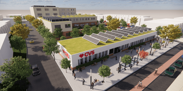 Southern Unity showing a green roof and solar panels on top of a CVS. 