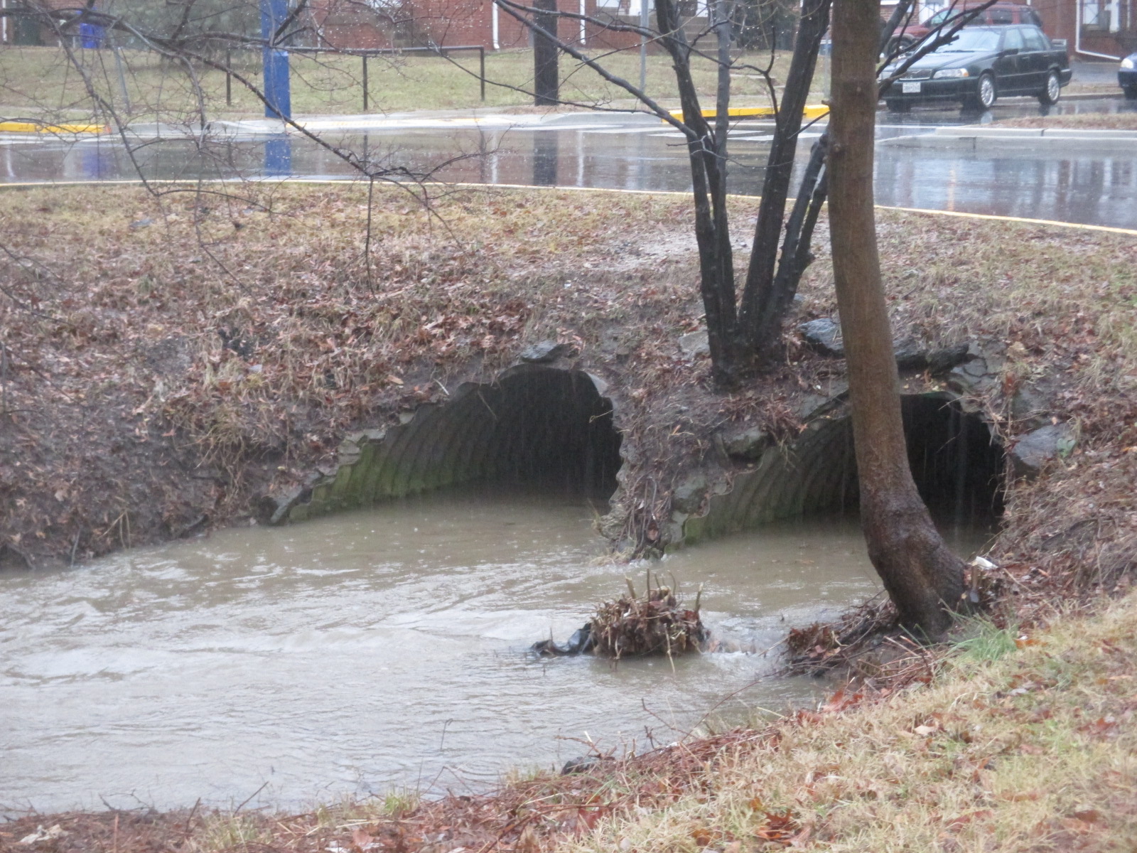 Stormwater drains fill with water after a heavy rain.