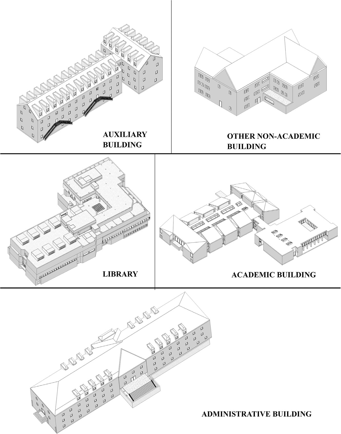 Prototype buildings (Autodesk Revit models) from original construction documents archived by the campus facility management office.