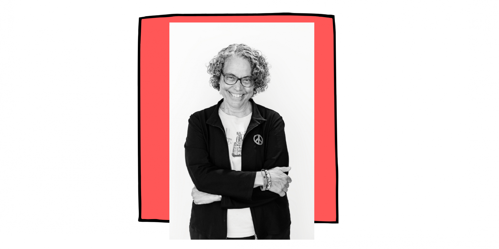 Black and white headshot of Dr. Mindy Fullilove, with a pink graphic square as a background.