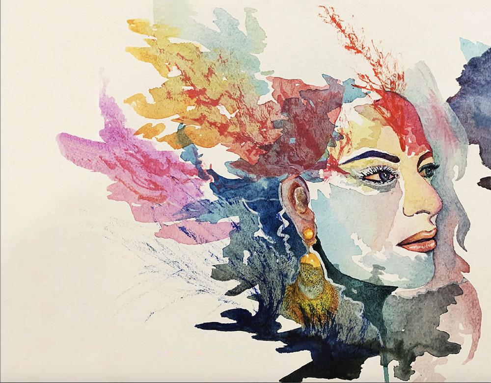 Watercolor-like graphic of a woman's profile with paint as her hair.