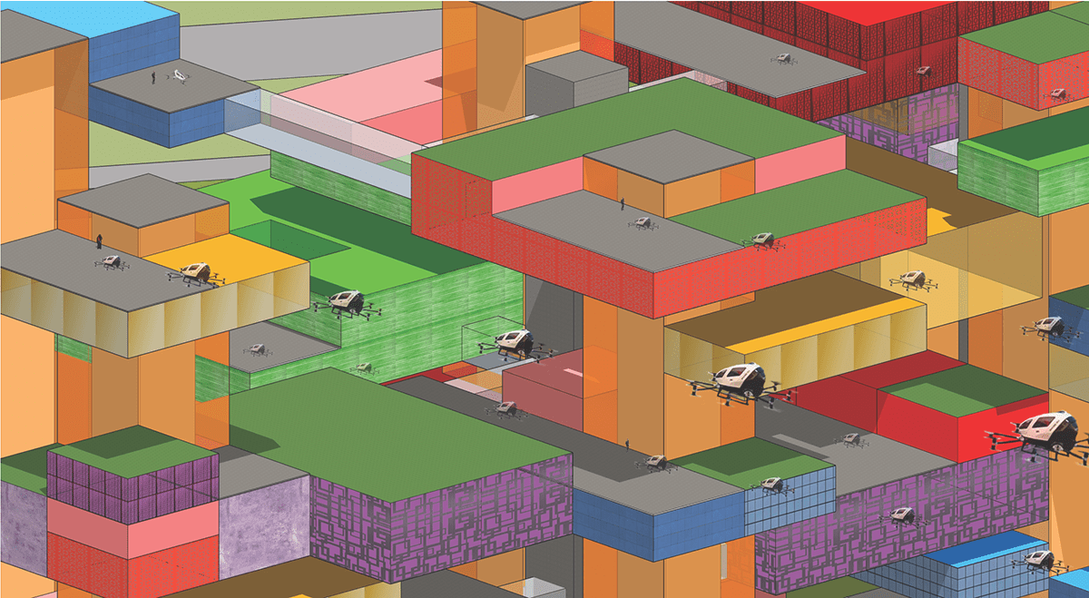 Aerotropolis: multi-color 3D blocks and a series of helicopters.