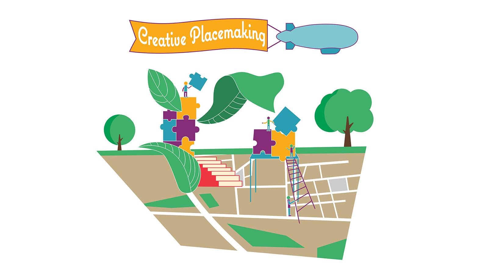 Illustration of creative placemaking. People on ladders building large puzzles; leaves and trees in the background and a hot air balloon pulling a "Creative Placemaking" sign.